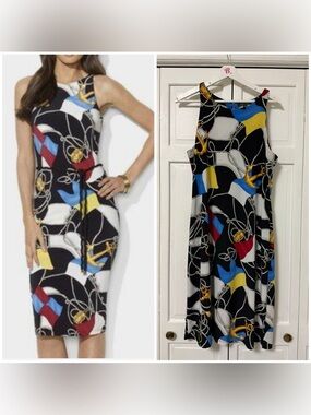 Lauren Ralph Lauren Black Nautical Print Midi Dress XL *BELT NOT INCLUDED